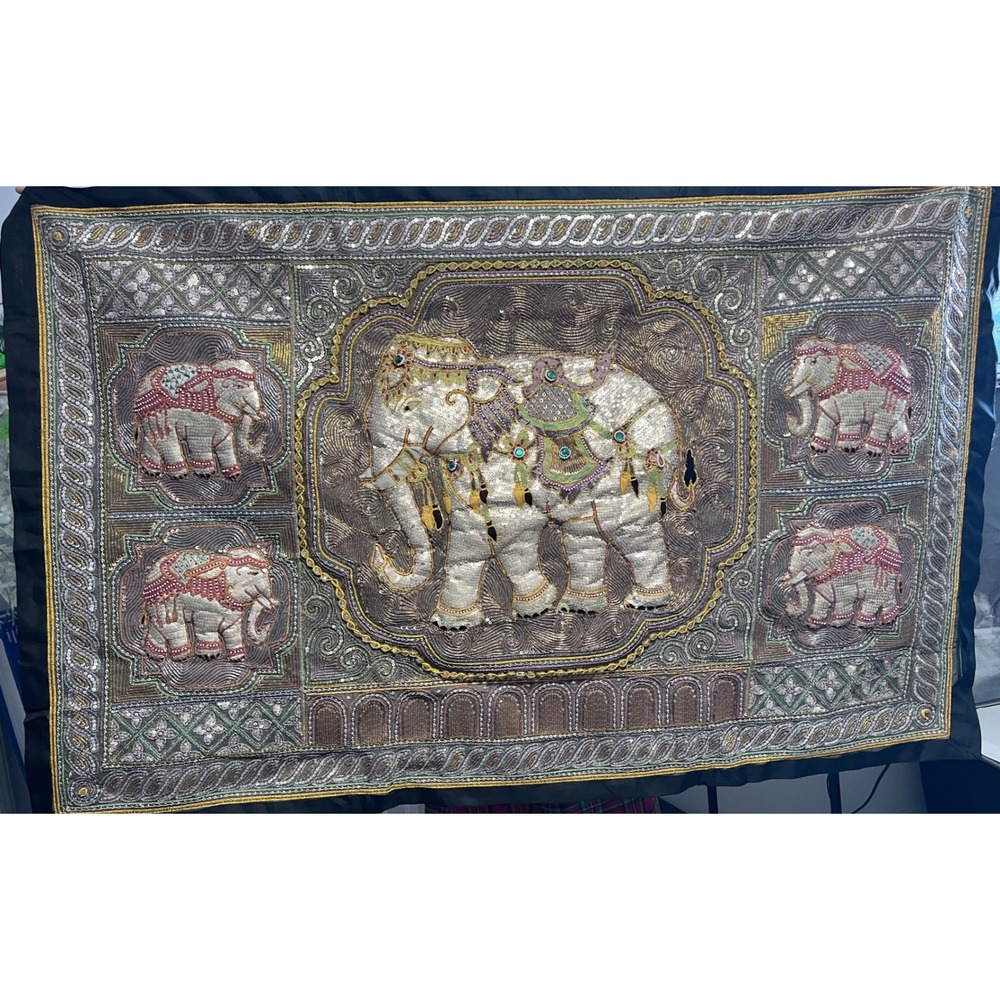 Vintage Kalaga Elephant Tapestry Hand Embroidered Sequin Bead Wall Hanging 35x54
